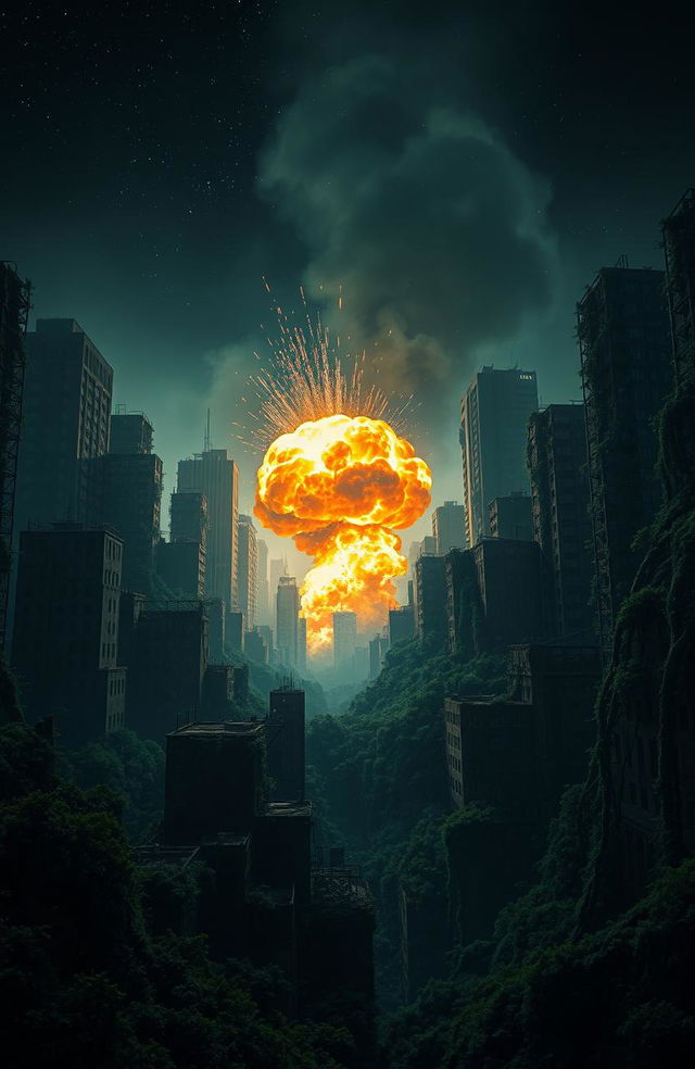 A dystopian city world at night, enveloped in nature's reclaiming vines and trees