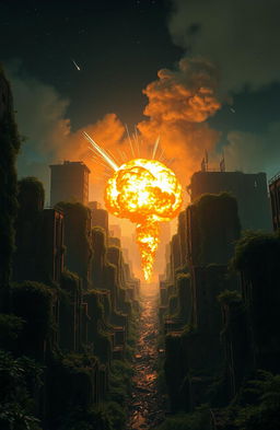 A dystopian city world at night, enveloped in nature's reclaiming vines and trees