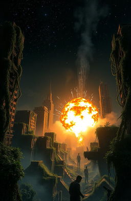 A dystopian city world at night, enveloped in nature's reclaiming vines and trees