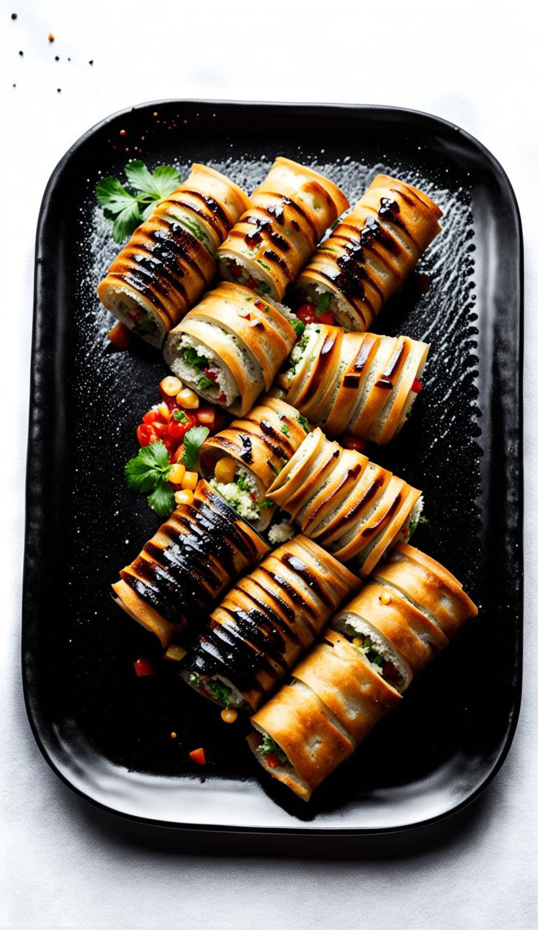 A plate of innovative Brik Rolls with modern fillings, served on a sleek black plate against a minimalist backdrop.