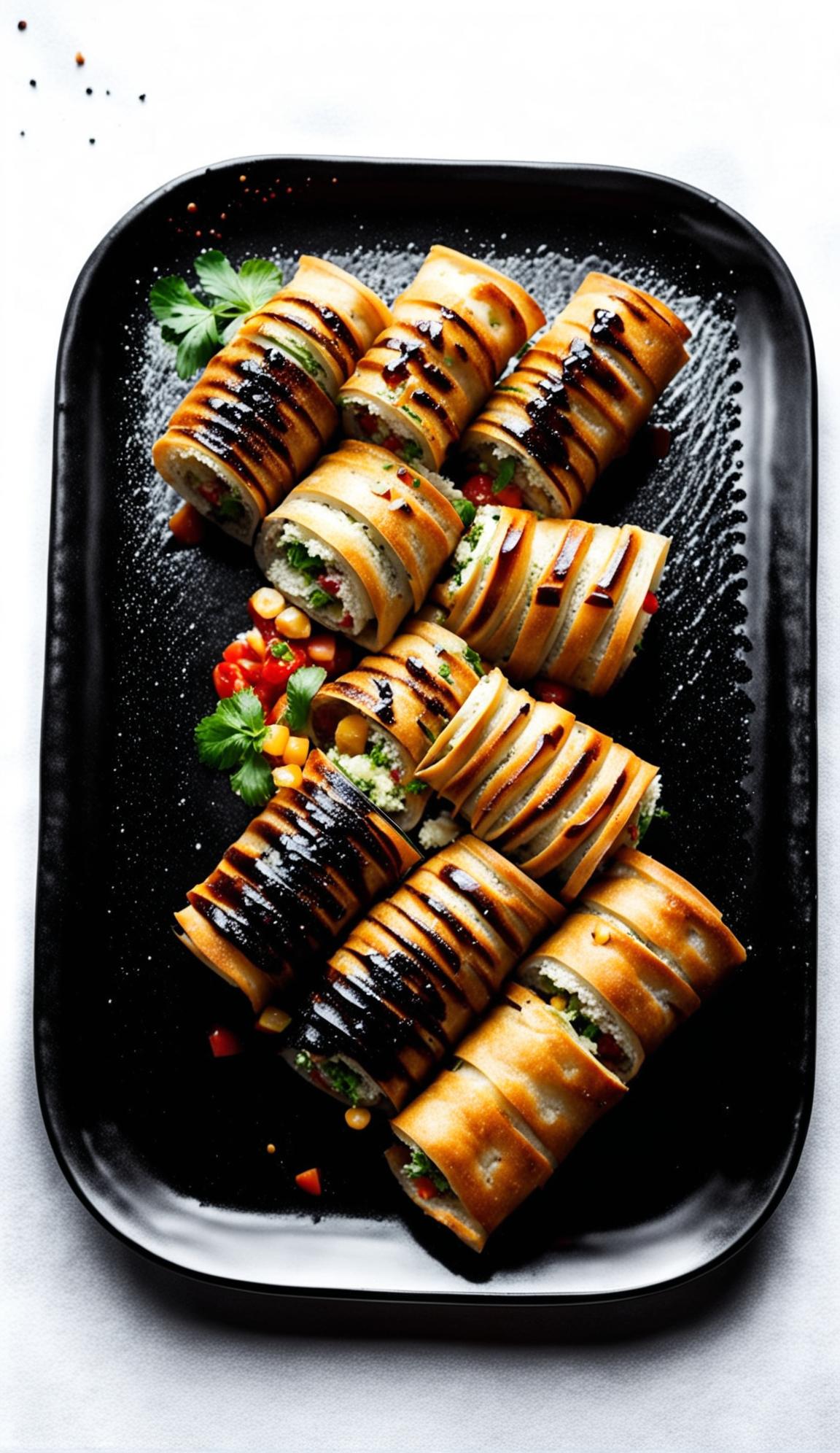 A plate of innovative Brik Rolls with modern fillings, served on a sleek black plate against a minimalist backdrop.