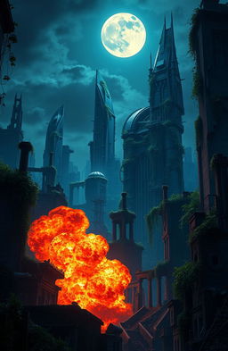A dystopian cityscape at night, partially overrun by nature, with lush greenery spilling over crumbling skyscrapers and ruins