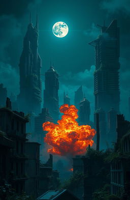 A dystopian cityscape at night, partially overrun by nature, with lush greenery spilling over crumbling skyscrapers and ruins