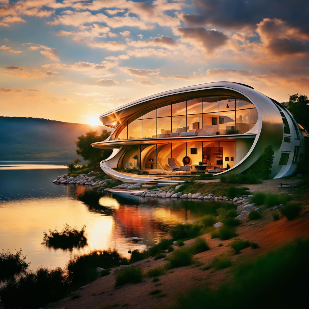 A futuristic techno-organic residence by a serene lake under the warm glow of a setting sun, captured with a professional camera set to manual mode, f/8, ISO 200 using a telephoto lens.