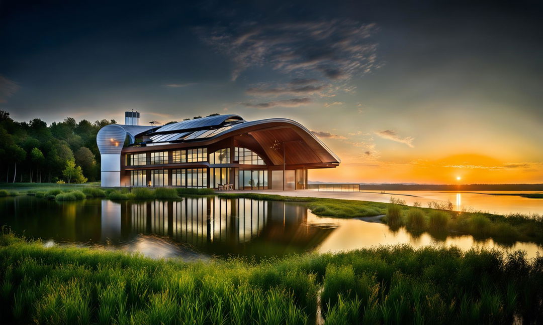 Futuristic techno-organic residence by a serene lake under the warm glow of a setting sun, captured with professional camera settings: manual mode, f/8, ISO 200 using a telephoto lens.