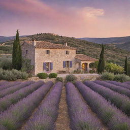 A Provencal villa nestled amidst lush vineyards with lavender fields in the foreground. The sunset paints a warm, soft glow on the stone facade.