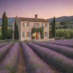 A Provencal villa nestled amidst lush vineyards with lavender fields in the foreground. The sunset paints a warm, soft glow on the stone facade.