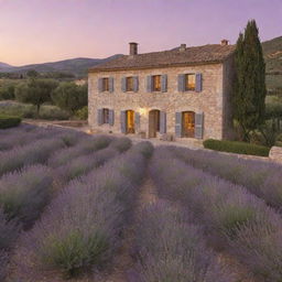 A Provencal villa nestled amidst lush vineyards with lavender fields in the foreground. The sunset paints a warm, soft glow on the stone facade.