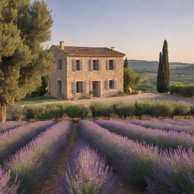 A Provencal villa nestled amidst lush vineyards with lavender fields in the foreground. The sunset paints a warm, soft glow on the stone facade.