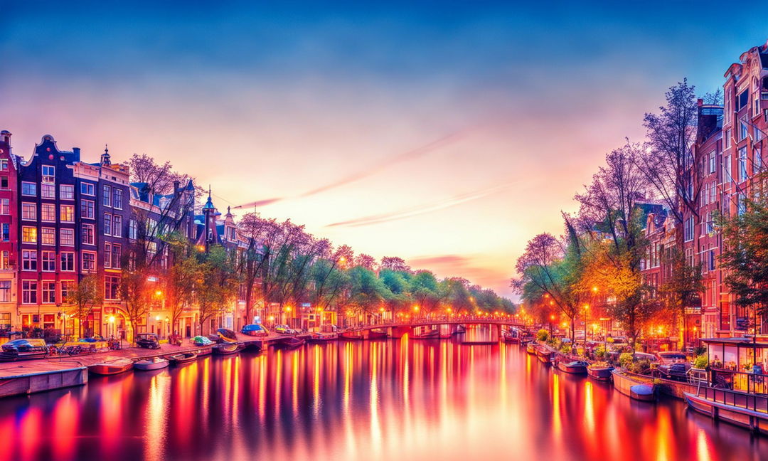 A serene and captivating scene of Amsterdam city suitable for a Chromecast background, captured with professional camera settings: manual mode, f/8, ISO 200 using a telephoto lens.