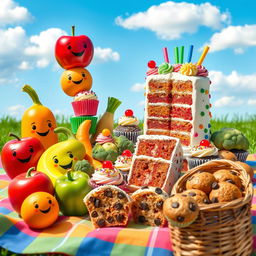 A whimsical assortment of playful fruit, vegetables, cupcakes, cakes, and muffins displayed on a colorful picnic blanket