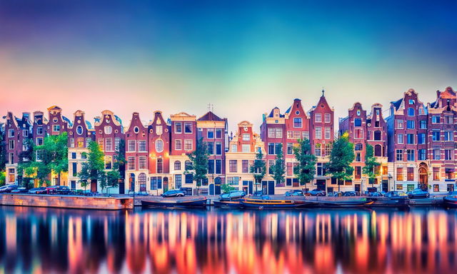 A serene and captivating scene of Amsterdam city focusing on the facades along one side of the canal, suitable for a Chromecast background, captured with professional camera settings: manual mode, f/8, ISO 200 using a telephoto lens.