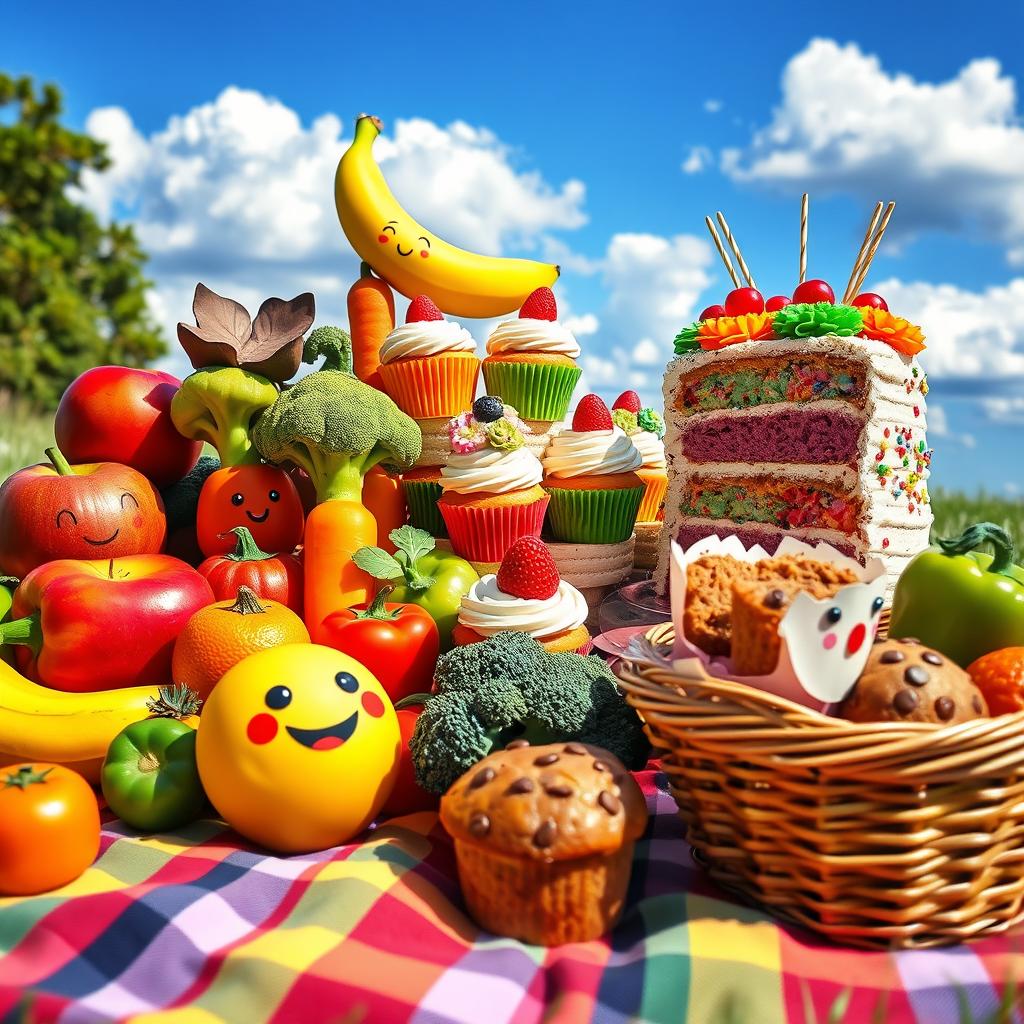 A whimsical assortment of playful fruit, vegetables, cupcakes, cakes, and muffins displayed on a colorful picnic blanket