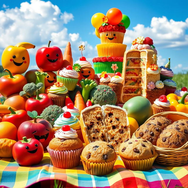 A whimsical assortment of playful fruit, vegetables, cupcakes, cakes, and muffins displayed on a colorful picnic blanket