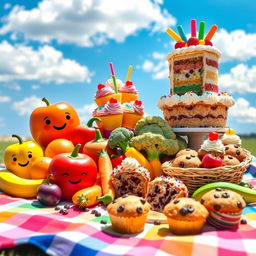 A whimsical assortment of playful fruit, vegetables, cupcakes, cakes, and muffins displayed on a colorful picnic blanket