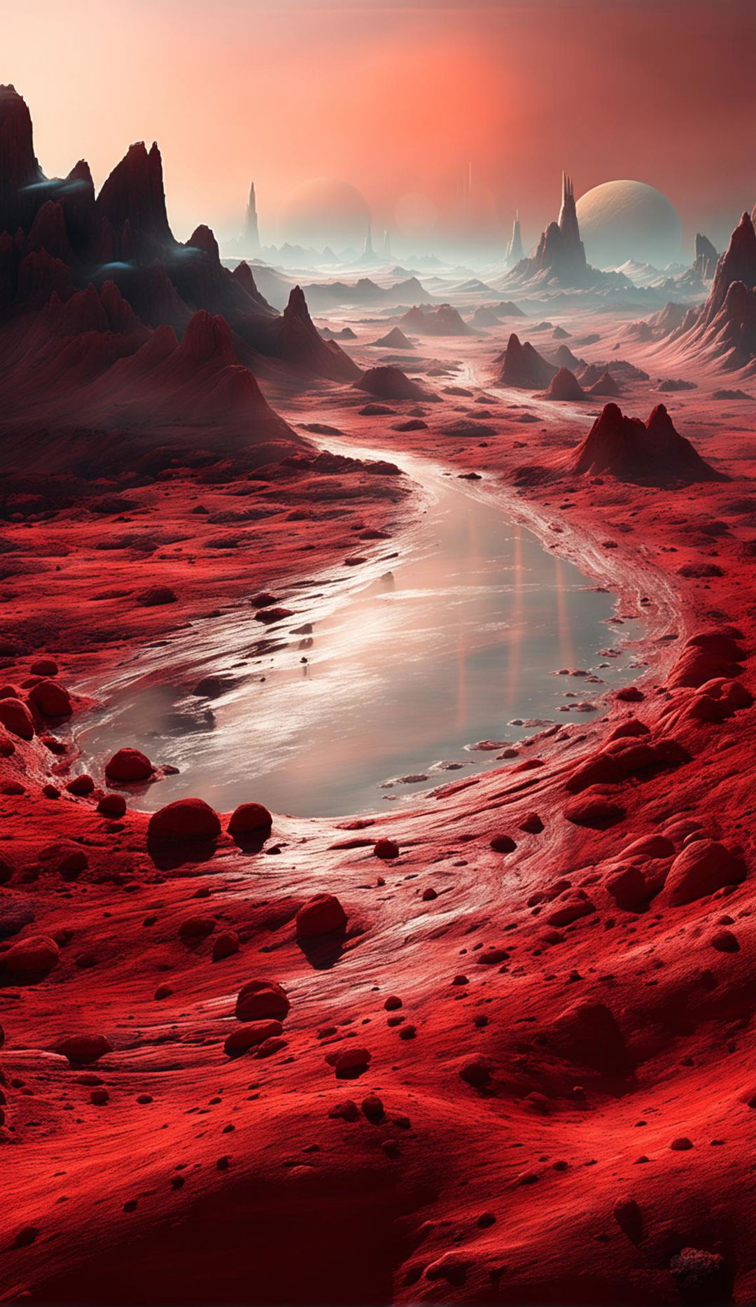 A visually appealing Martian landscape featuring various parts of Mars with red pastel accents, suitable for a Chromecast background, captured with professional camera settings: manual mode, f/8, ISO 200 using a telephoto lens.