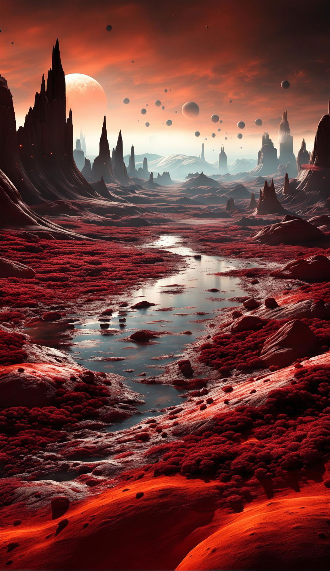 A visually appealing 70mm cinematic photograph of the Martian landscape featuring various parts of Mars with red pastel accents, suitable for a Chromecast background.