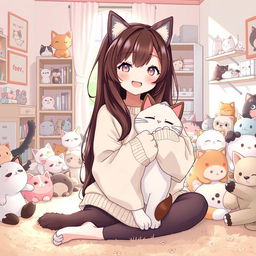 A charming anime-style illustration of a girl with long, flowing brown hair adorned with cute cat ears, wearing a cozy oversized sweater featuring a playful cat print