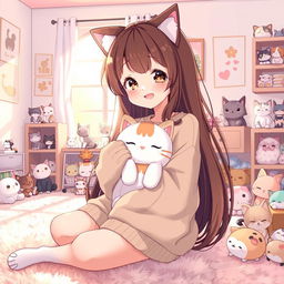A charming anime-style illustration of a girl with long, flowing brown hair adorned with cute cat ears, wearing a cozy oversized sweater featuring a playful cat print