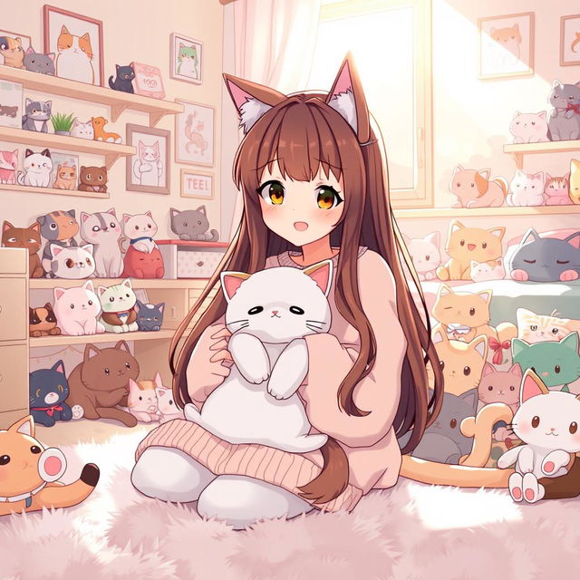 A charming anime-style illustration of a girl with long, flowing brown hair adorned with cute cat ears, wearing a cozy oversized sweater featuring a playful cat print