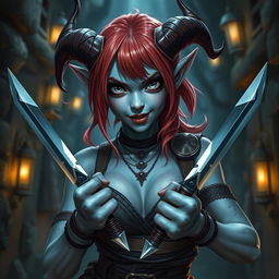 A mischievous female tiefling with pale blue skin, striking red hair, and silver eyes, holding two daggers in her hands
