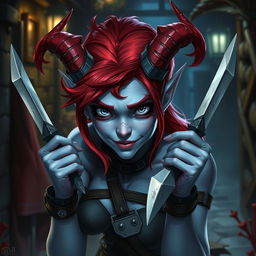 A mischievous female tiefling with pale blue skin, striking red hair, and silver eyes, holding two daggers in her hands