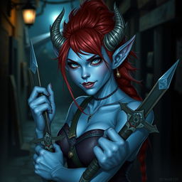 A mischievous female tiefling with pale blue skin, striking red hair, and silver eyes, holding two daggers in her hands