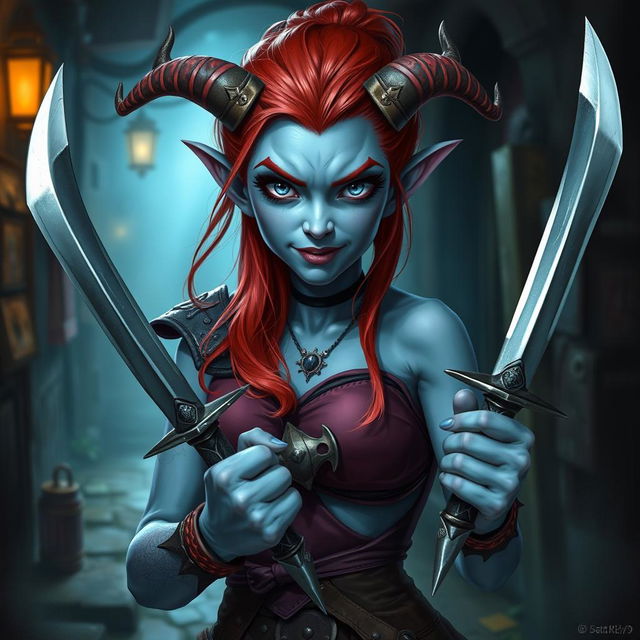 A mischievous female tiefling with pale blue skin, striking red hair, and silver eyes, holding two daggers in her hands