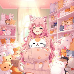 A delightful anime-style illustration of a girl with long, wavy pink hair and cute cat ears, wearing a comfy oversized sweater adorned with a whimsical cat print