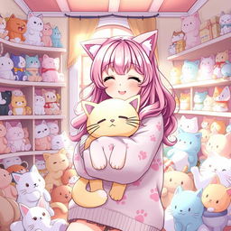 A delightful anime-style illustration of a girl with long, wavy pink hair and cute cat ears, wearing a comfy oversized sweater adorned with a whimsical cat print