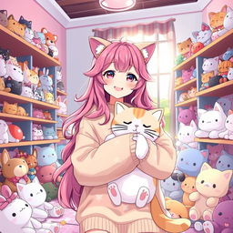 A delightful anime-style illustration of a girl with long, wavy pink hair and cute cat ears, wearing a comfy oversized sweater adorned with a whimsical cat print