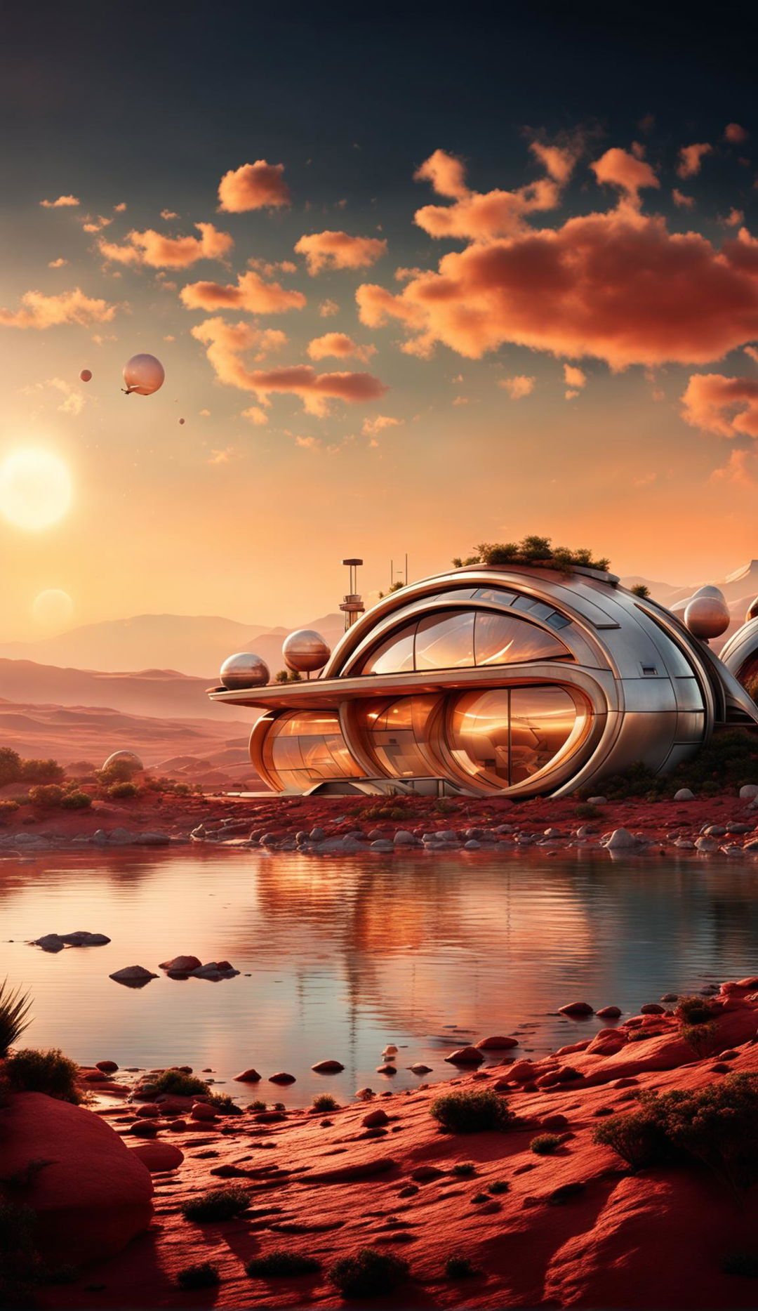 A futuristic lakeside residence on Mars under the warm glow of a setting sun, captured with professional camera settings: manual mode, f/8, ISO 200 using a telephoto lens.