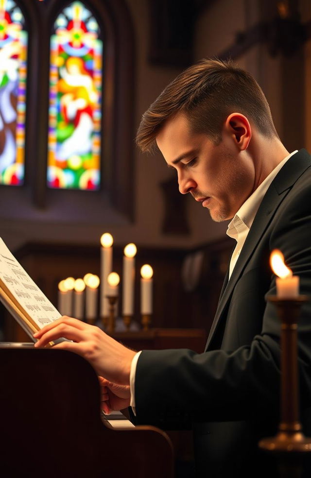 A talented church musician passionately playing the organ in a charming, dimly lit church