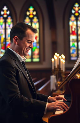 A talented church musician passionately playing the organ in a charming, dimly lit church