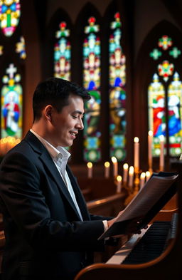 A talented church musician passionately playing the organ in a charming, dimly lit church