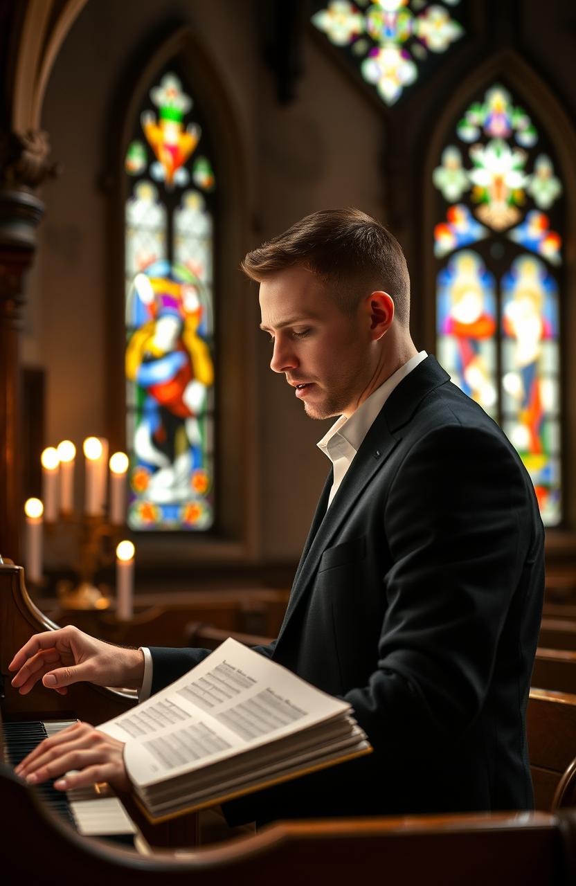 A talented church musician passionately playing the organ in a charming, dimly lit church