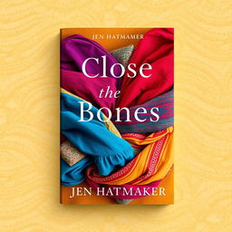 A book cover design for 'Close the Bones' by Jen Hatmaker, showcasing a captivating arrangement of multiple beautifully wrapped rebozos in vibrant colors and intricate patterns