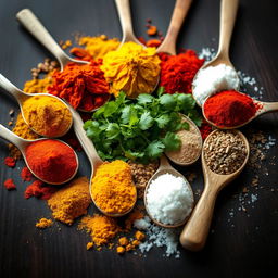 A beautiful arrangement of various spoons filled with colorful spices