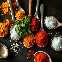 A beautiful arrangement of various spoons filled with colorful spices
