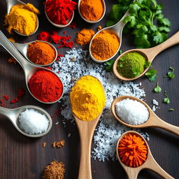 A beautiful arrangement of various spoons filled with colorful spices