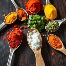 A beautiful arrangement of various spoons filled with colorful spices