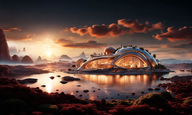 Futuristic lakeside residence on Mars under the warm glow of a setting sun, captured with professional camera settings: manual mode, f/8, ISO 200 using a telephoto lens.