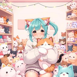 A delightful anime-style illustration of a girl with vibrant teal hair styled in twin tails, adorned with cute cat ears