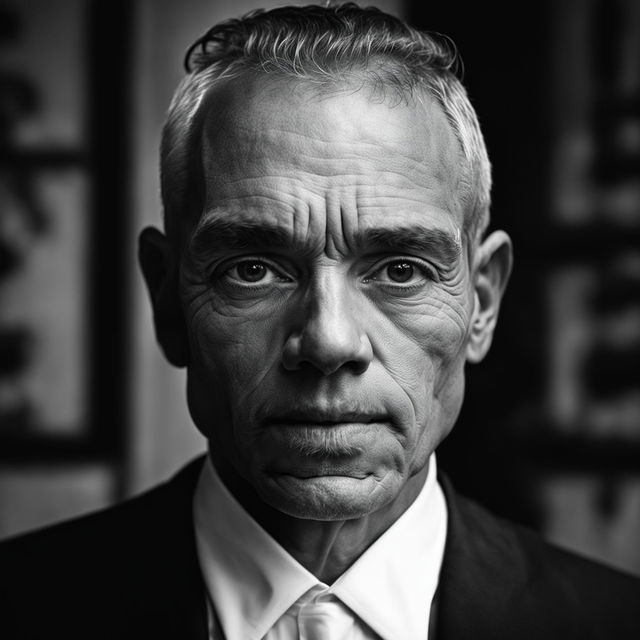 Black and white Yousuf Karsh style portrait of a middle-aged man with intense eyes, dressed in a crisp white shirt and dark suit, illuminated by soft light creating a dramatic chiaroscuro effect.