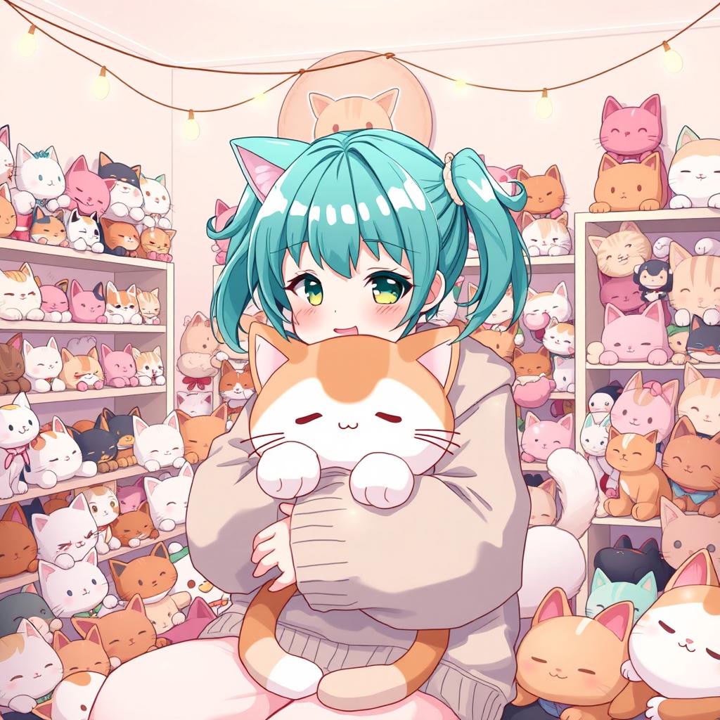 A delightful anime-style illustration of a girl with vibrant teal hair styled in twin tails, adorned with cute cat ears