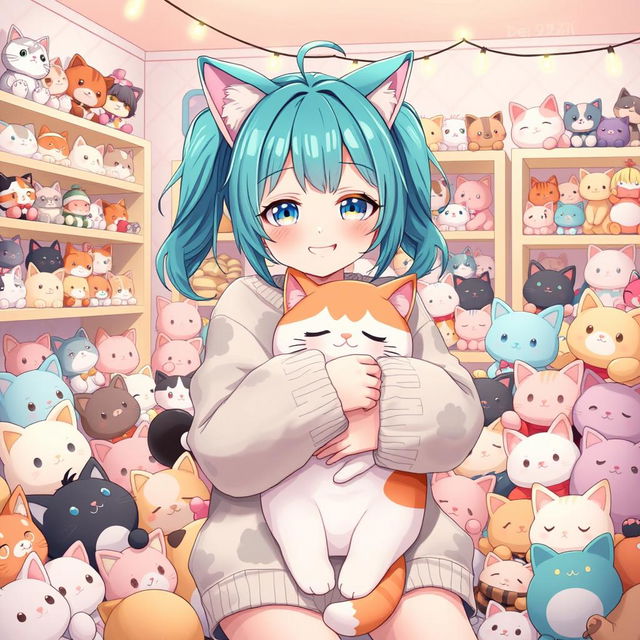 A delightful anime-style illustration of a girl with vibrant teal hair styled in twin tails, adorned with cute cat ears