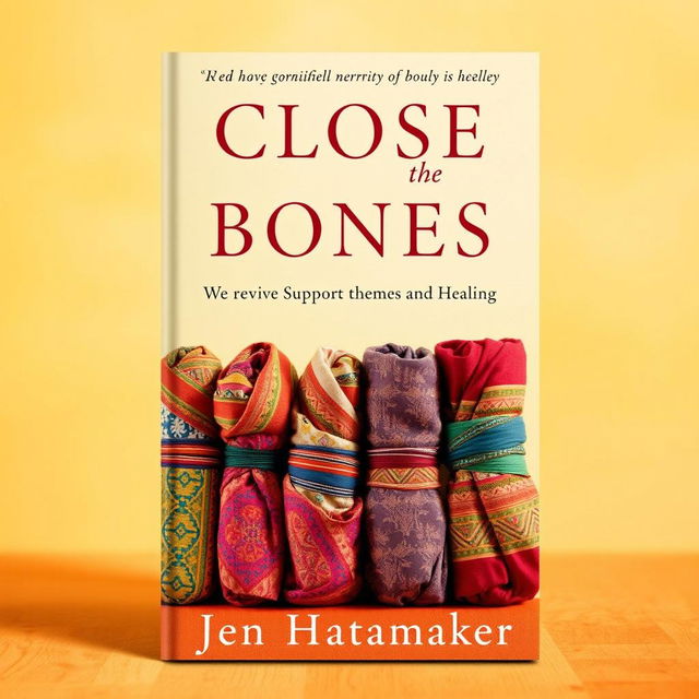 A book cover design for 'Close the Bones' by Jen Hatmaker, featuring a visually striking background in warm and inviting colors that evoke a sense of comfort