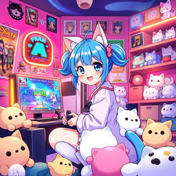 A lively anime-style illustration of a girl with bright blue hair styled in playful pigtails and wearing adorable cat-themed accessories, including cat ears and a tail