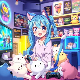 A lively anime-style illustration of a girl with bright blue hair styled in playful pigtails and wearing adorable cat-themed accessories, including cat ears and a tail