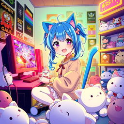 A lively anime-style illustration of a girl with bright blue hair styled in playful pigtails and wearing adorable cat-themed accessories, including cat ears and a tail